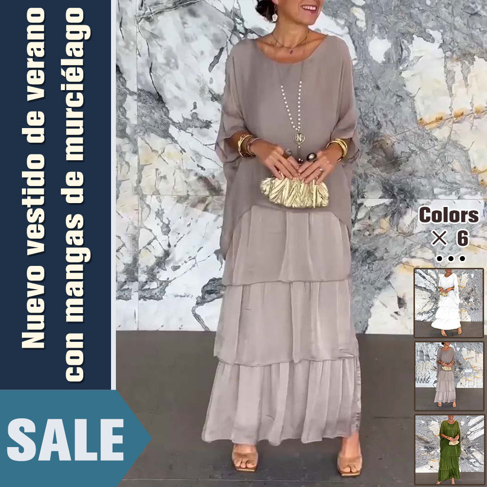 Elegante vestido suelto con cuello redondo y manga murciélago