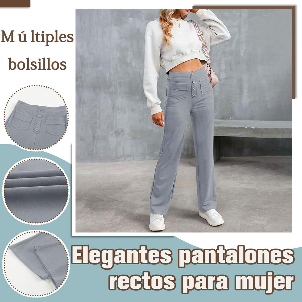 Pantalones casuales elásticos con botones de cintura alta para mujer