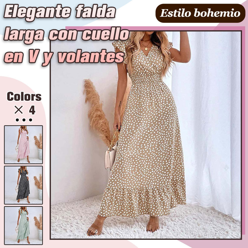 Vestido elegante con cintura con volantes y cuello en V para mujer