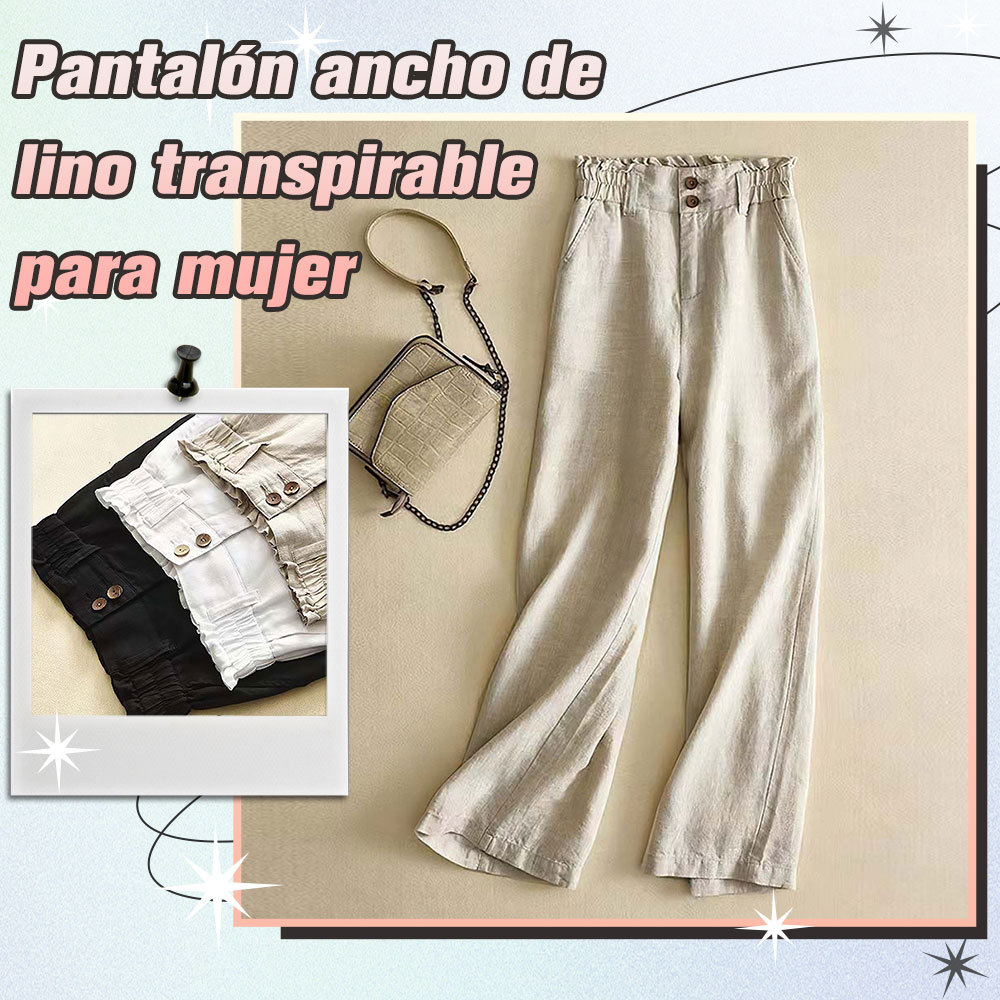 Pantalones anchos de talle alto de lino transpirable para mujer