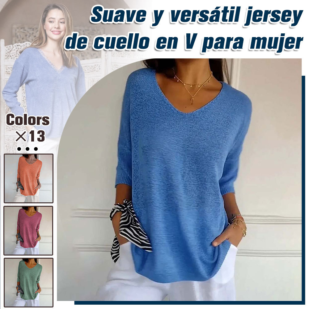 Top de punto de color liso con cuello en V para mujer