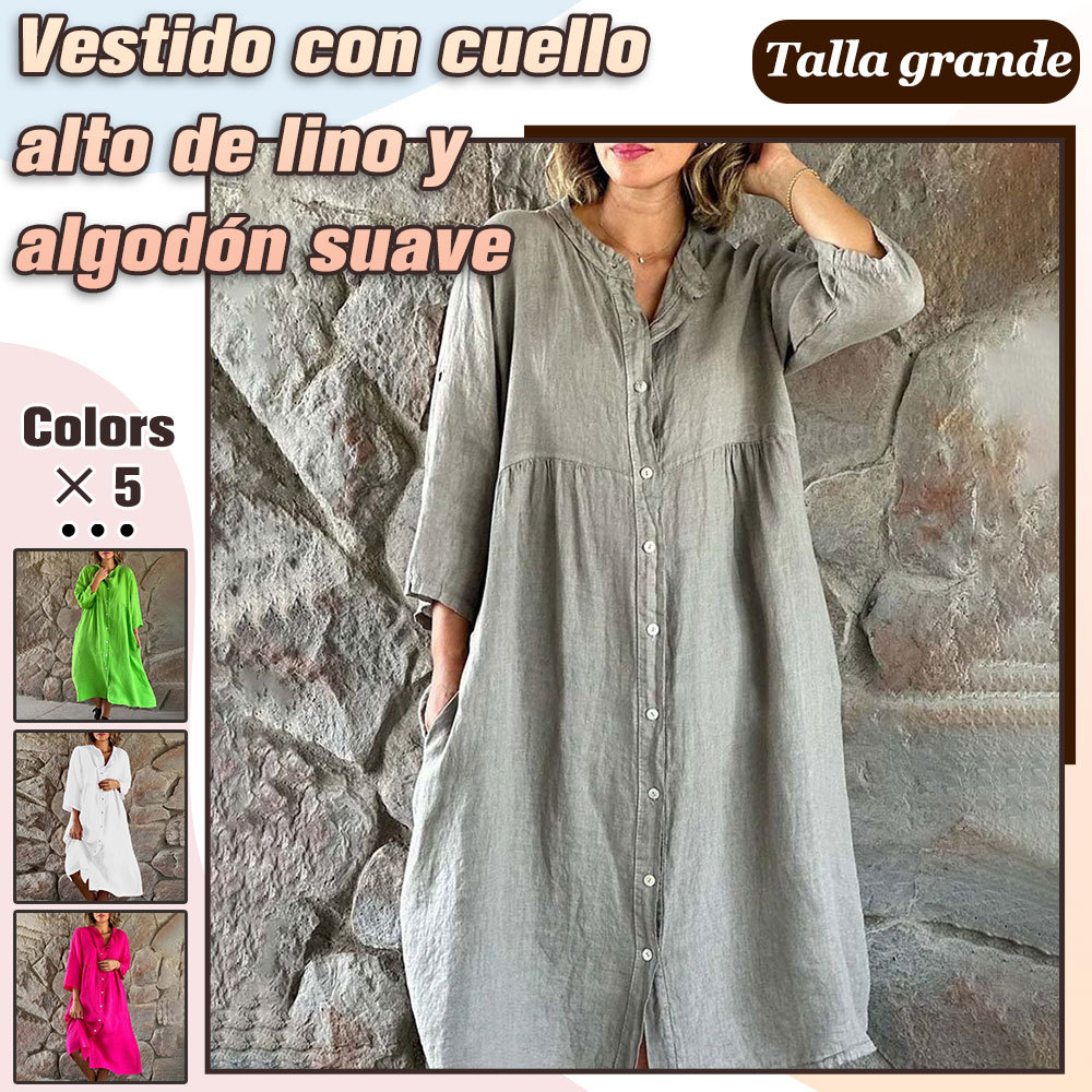 Vestido holgado de verano con cuello alto de algodón y lino