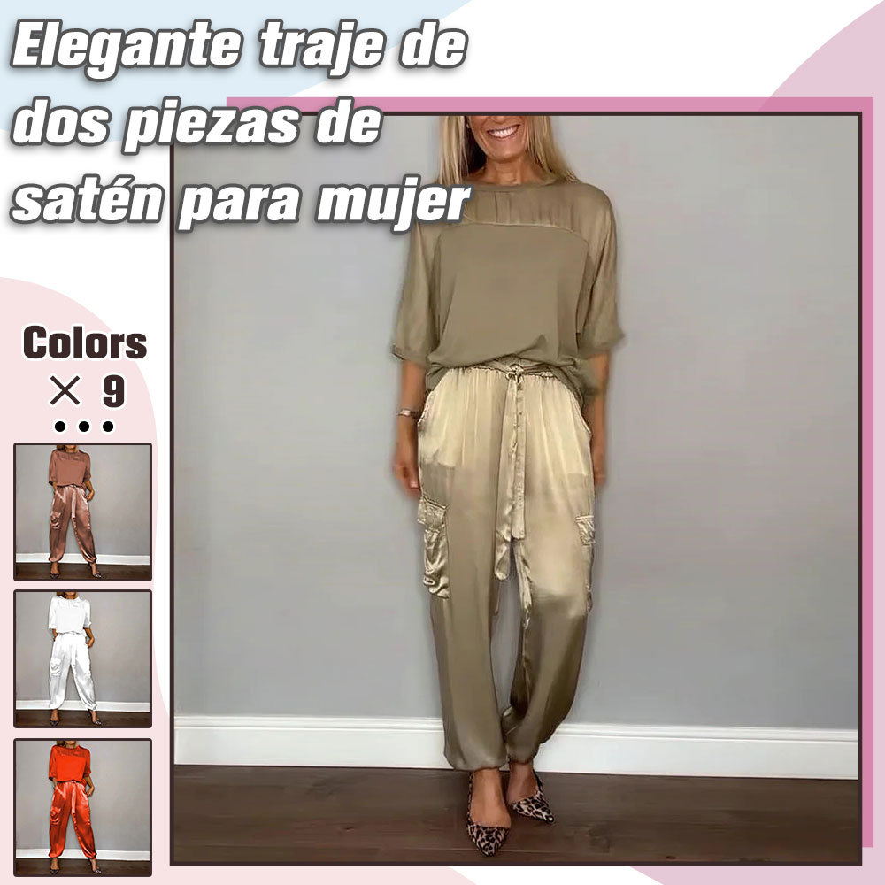 Conjunto dos piezas de top y pantalón media manga de raso liso