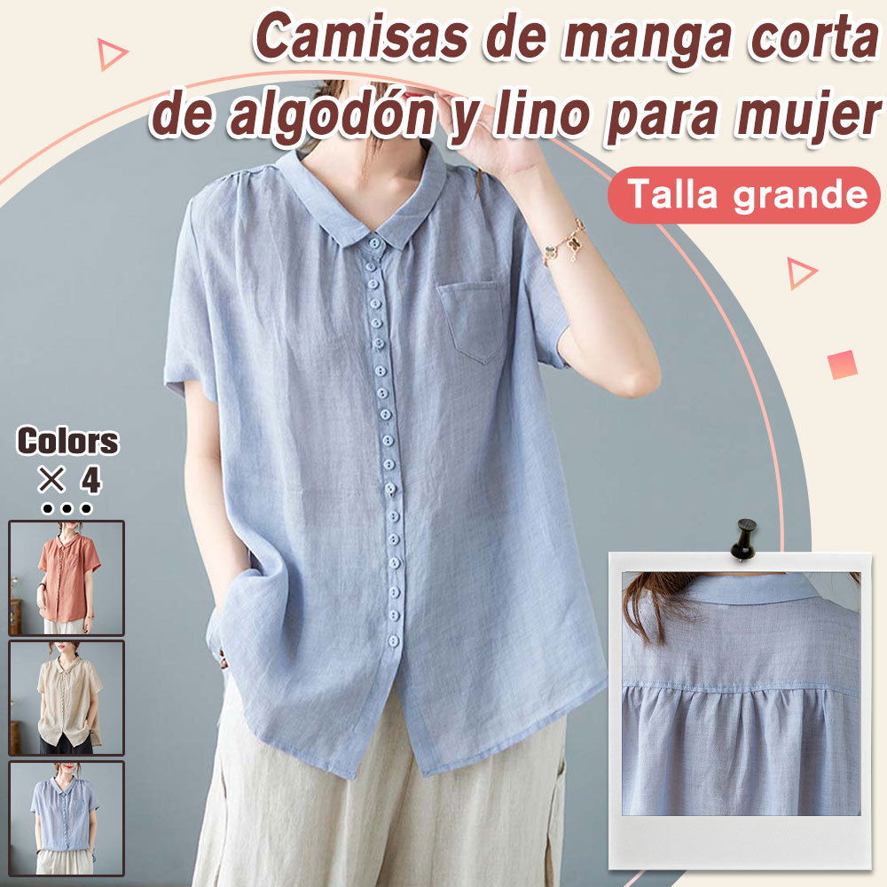 Camisa holgada de mujer de algodón y lino de manga corta