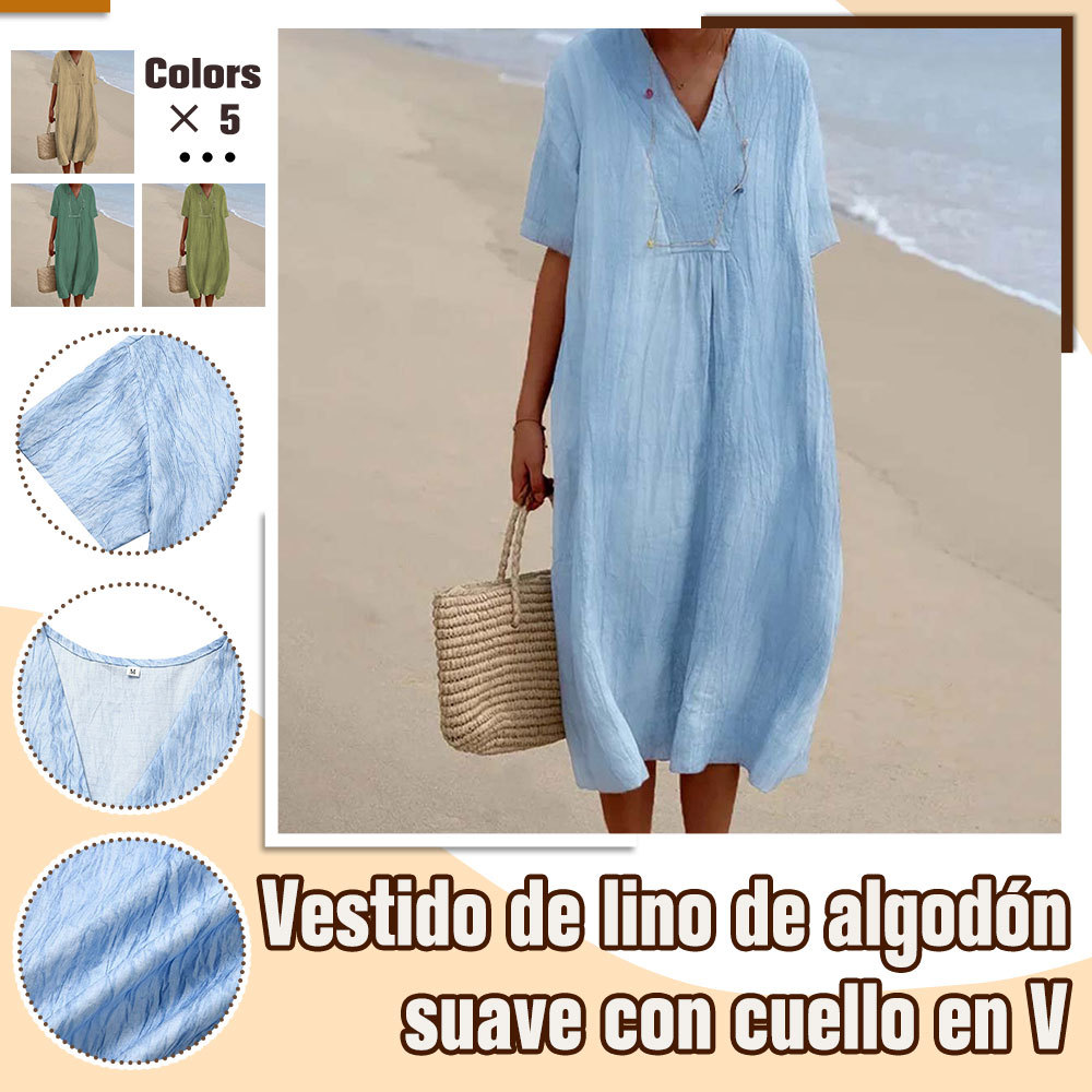 Vestido suave y confortable de algodón y lino con cuello de pico