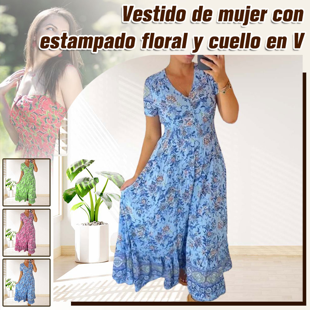 Stylish V-neck floral print dress