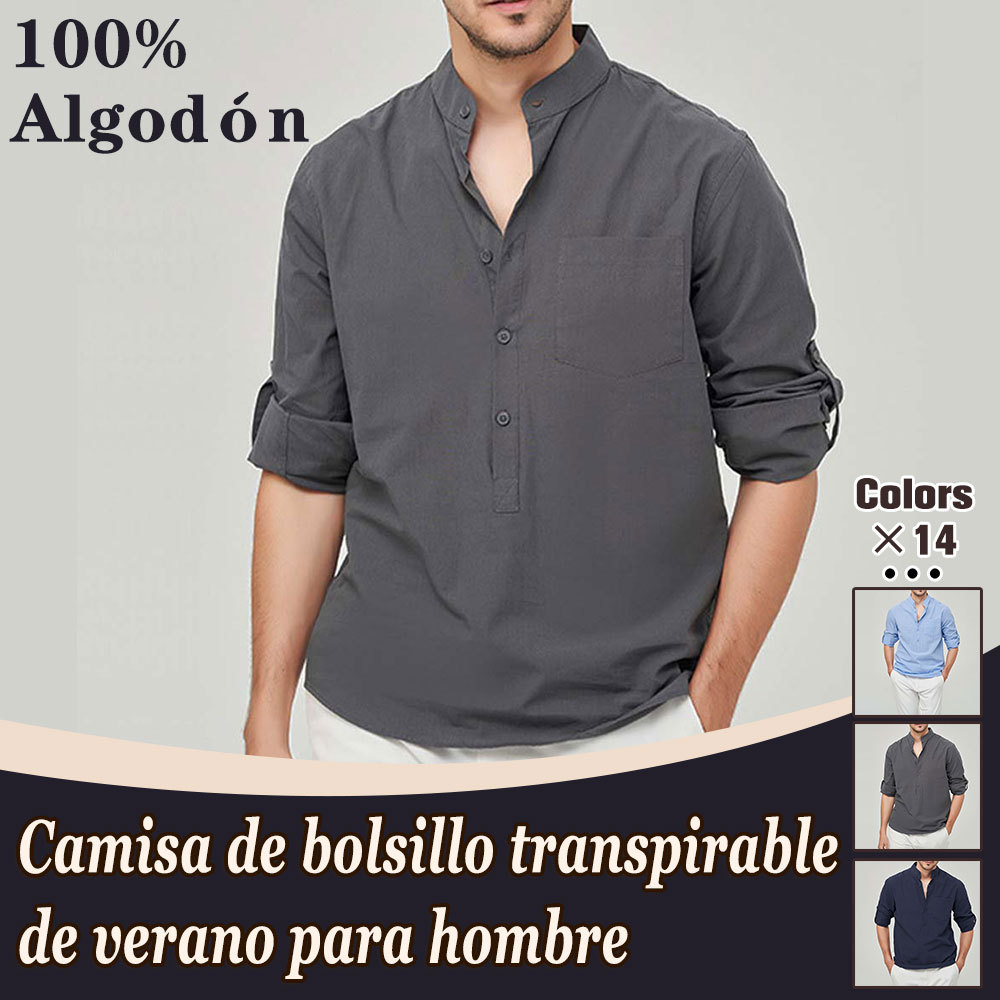 Hojanaranja Camisa henley cómoda de algodón de color liso para hombre