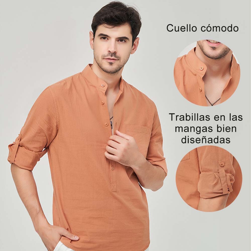 Hojanaranja Camisa henley cómoda de algodón de color liso para hombre