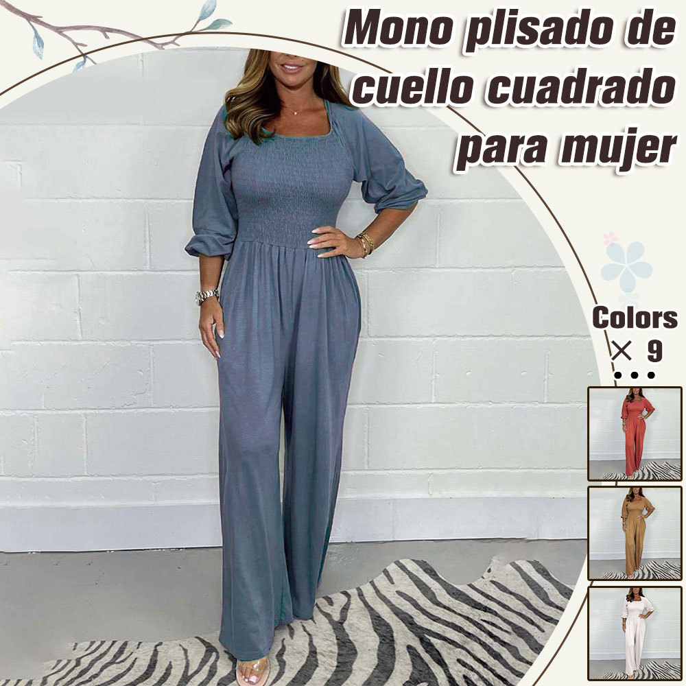 Hojanaranja Mono casual con cuello cuadrado de color sólido para mujer