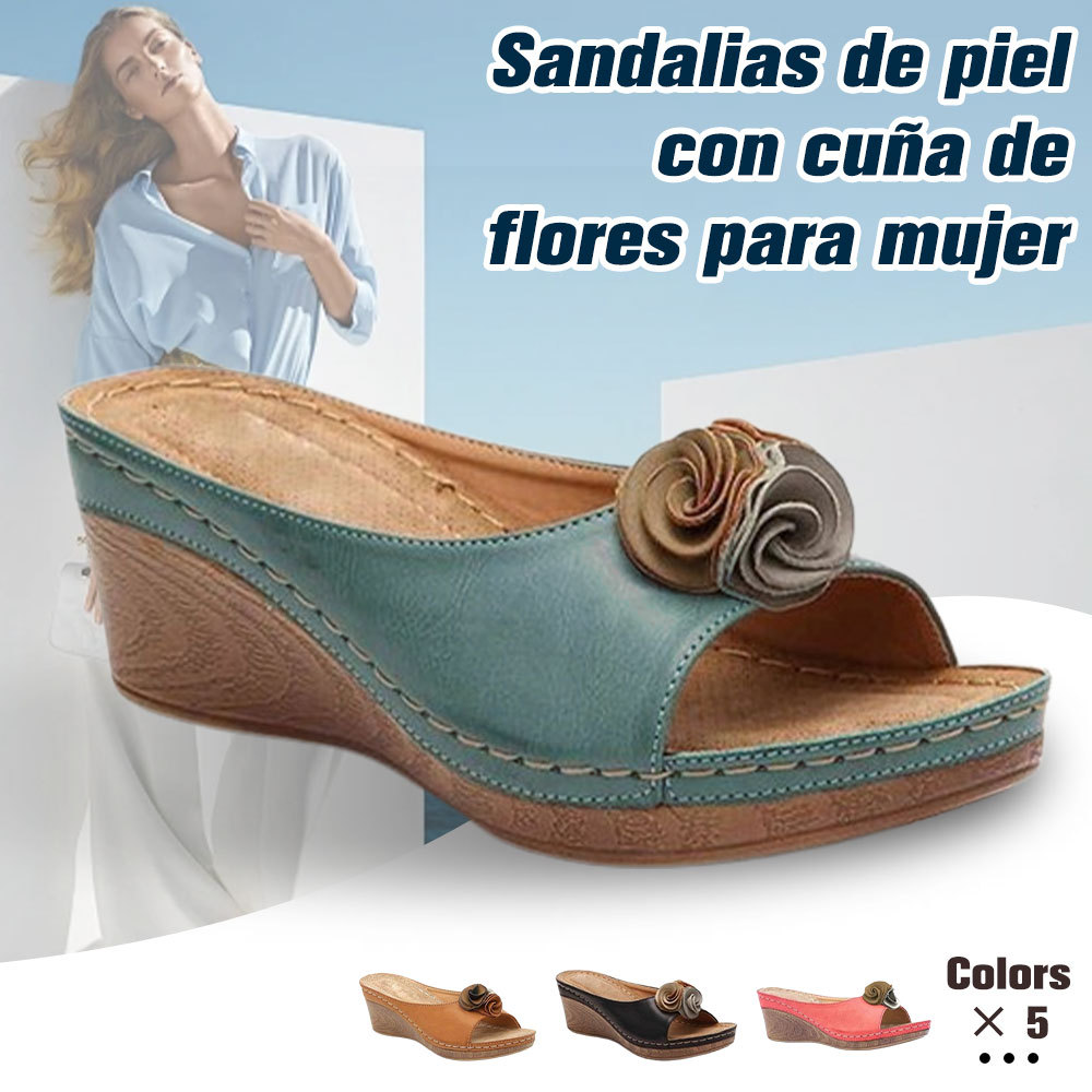Hojanaranja Sandalias de cuña con flores de cuero cómodas para mujer