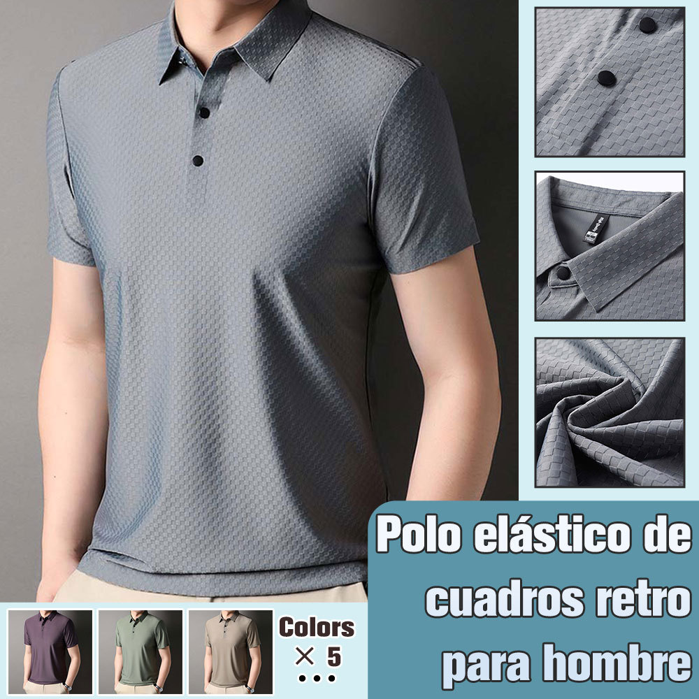 Hojanaranja Polo de manga corta a cuadros elásticos de color liso para hombre