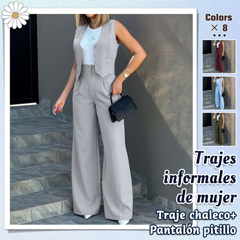 Hojanaranja Traje de moda, chaleco, pantalones de pierna ancha, conjunto informal de 2 piezas