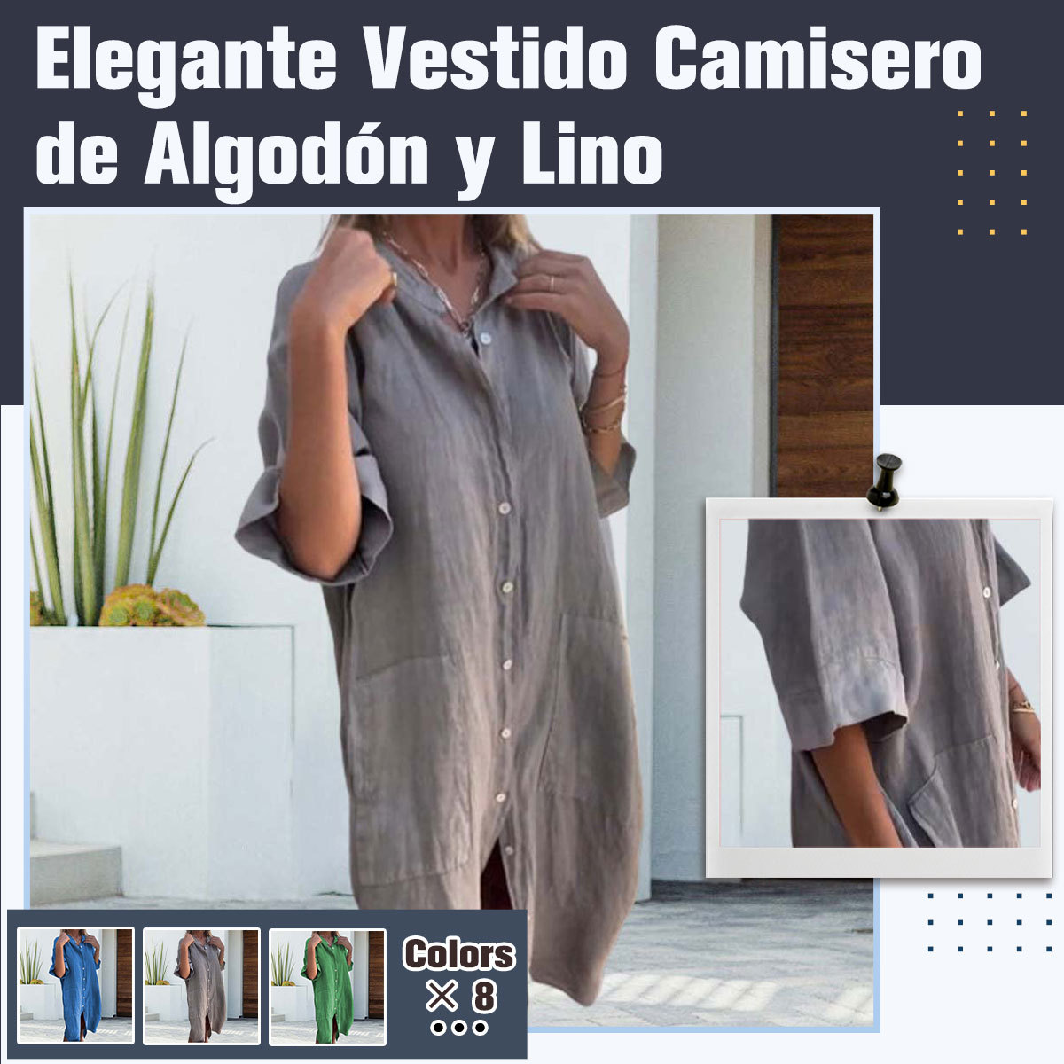 Hojanaranja Vestido camisero elegante y versátil de algodón y lino en color liso