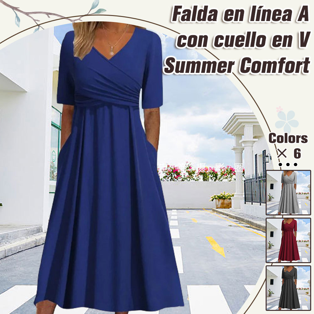 Hojanaranja Falda acampanada de manga corta con cuello en V, novedad de verano 2024