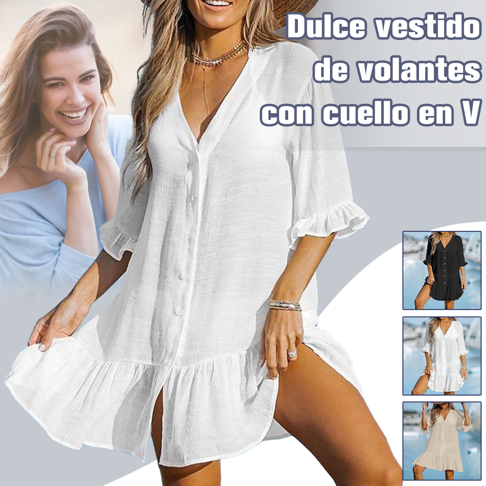Vestido de playa con cuello en V y volantes de verano para mujer