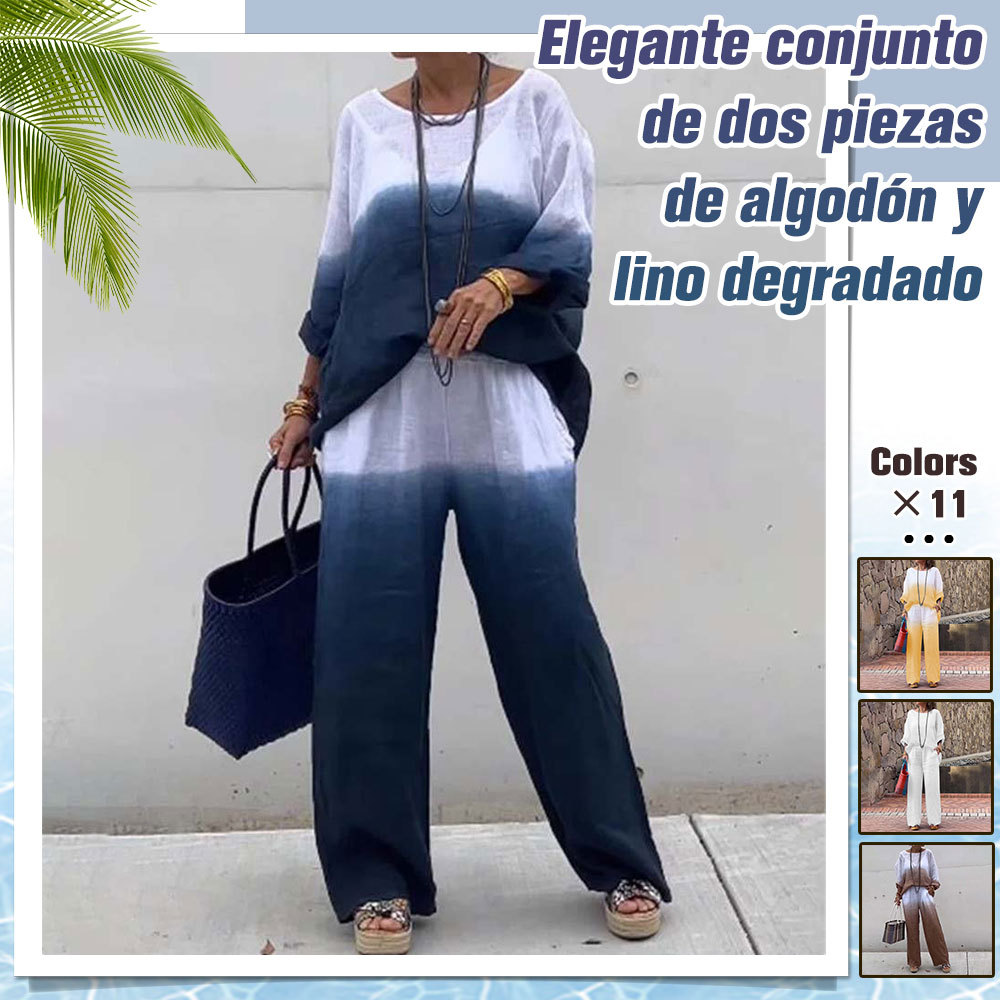 Conjunto de dos piezas degradado de algodón y lino para mujer a la moda