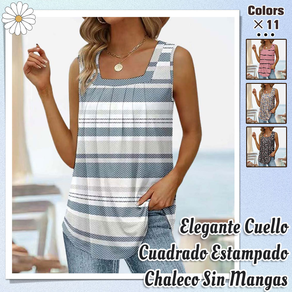 Top sin mangas con cuello cuadrado y estampado para mujer de verano