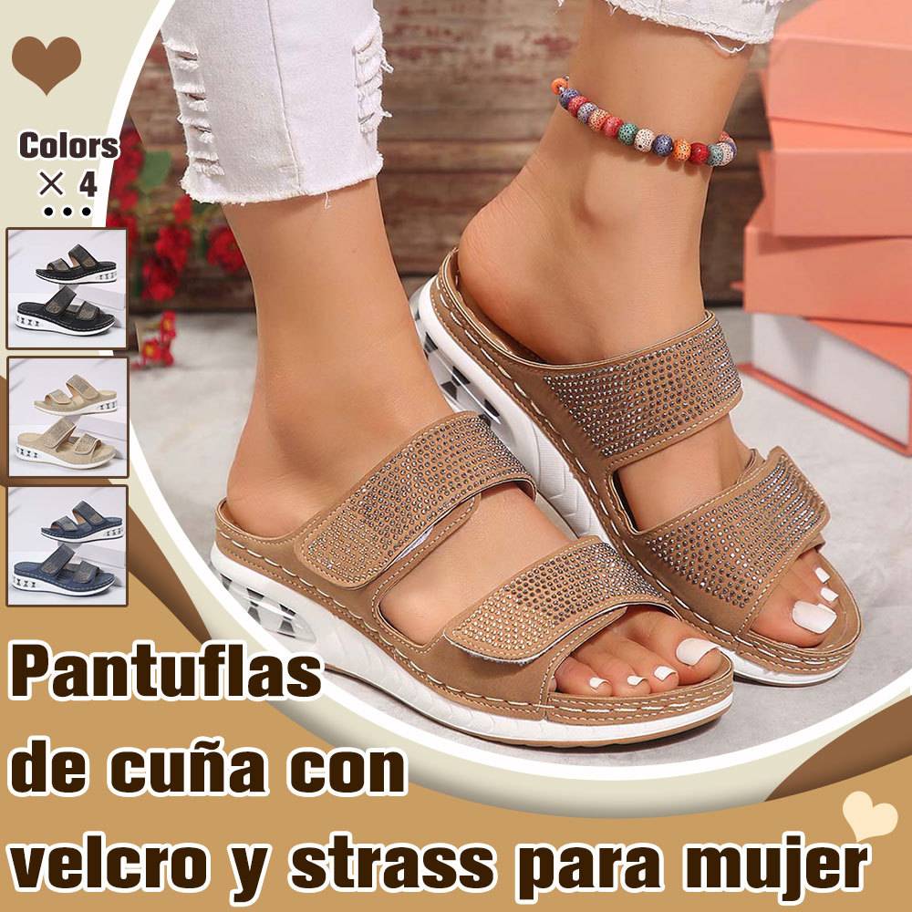 Pantuflas con plataforma y cuña con velcro y diamantes de imitación para mujer