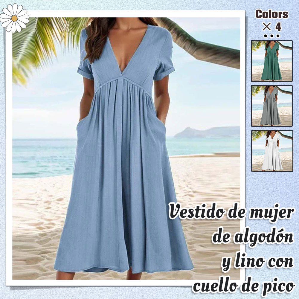 Vestido de mujer con bolsillos de algodón y lino transpirable de color liso