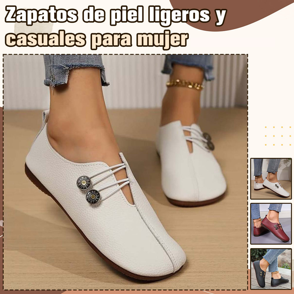 Zapatos casuales de dos botones con punta redonda de cuero retro para mujer