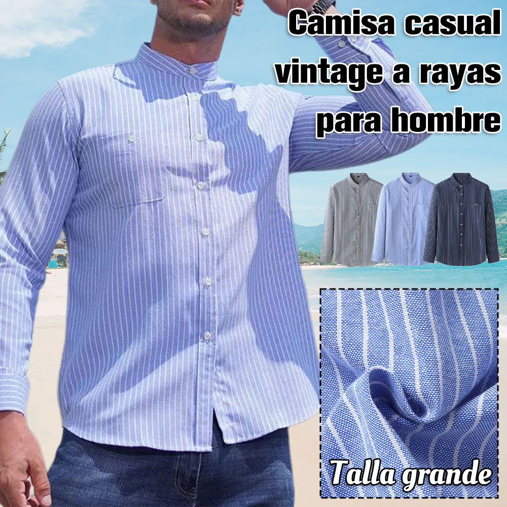 Camisa casual de manga larga a rayas con cuello levantado y talla grande para hombre