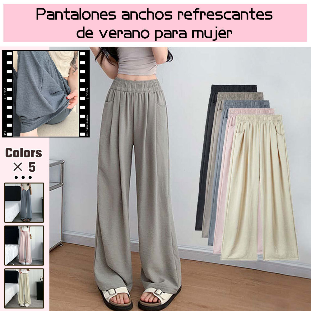 Pantalones de pierna ancha con cintura elástica ligera de verano para mujer