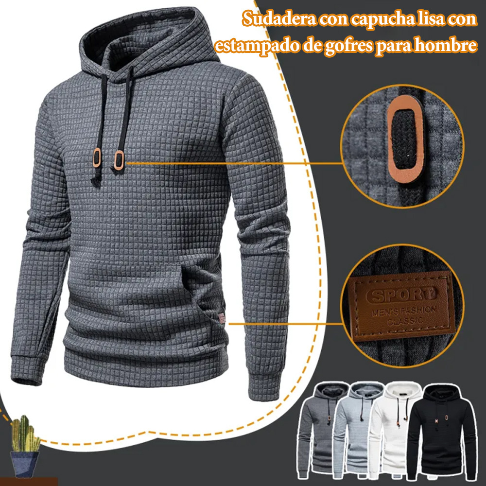 Hojanaranja™ Sudadera informal con capucha lisa con estampado de gofres para hombre