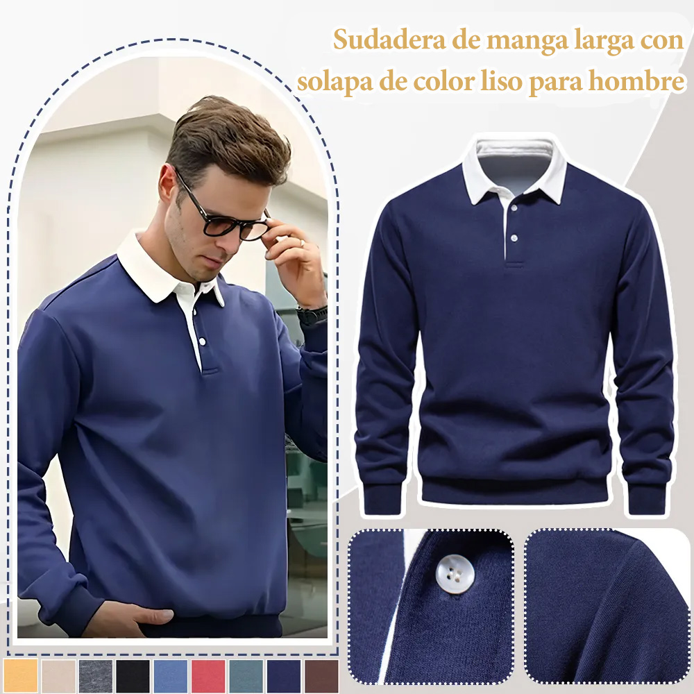 Sudadera de color liso de manga larga con solapa nueva para hombre
