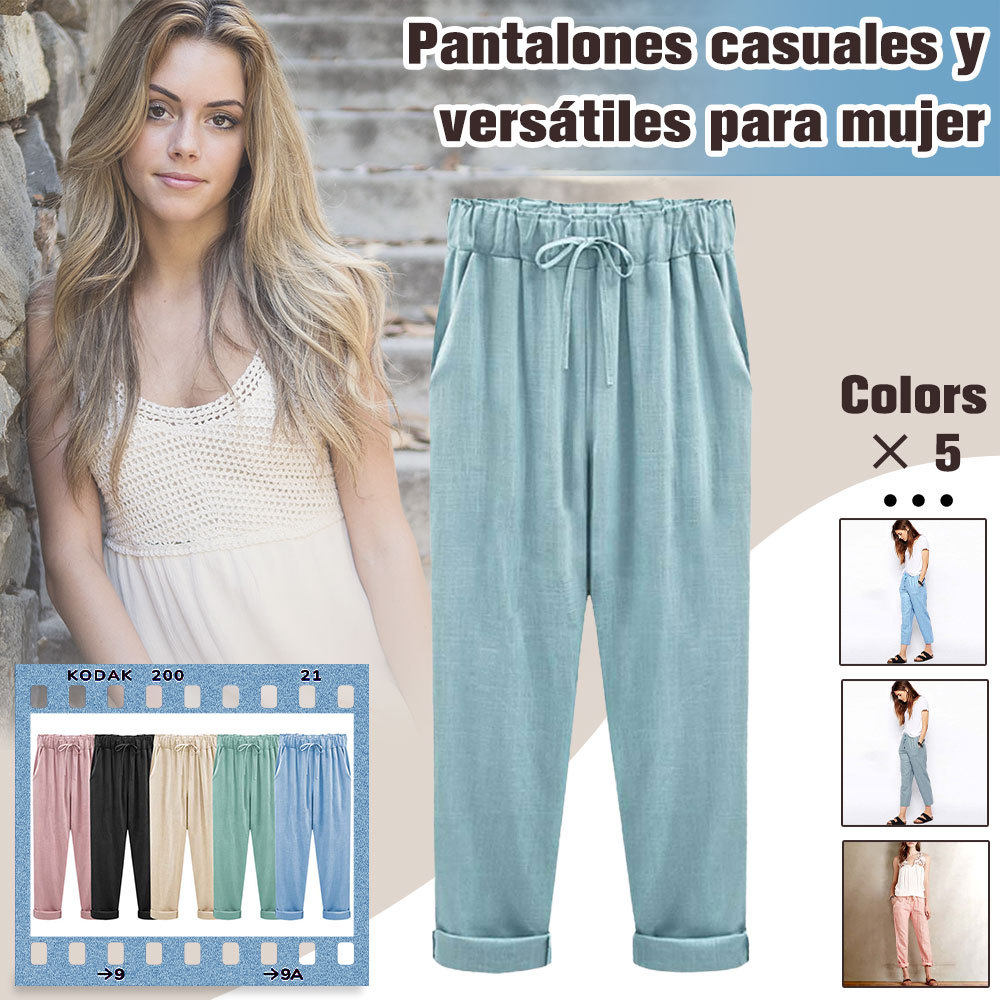 Pantalón de mujer holgado de algodón y lino, ligero y transpirable