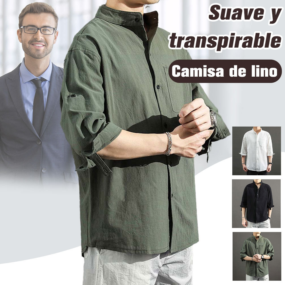 Camisa de hombre 2024 de algodón y lino de color liso