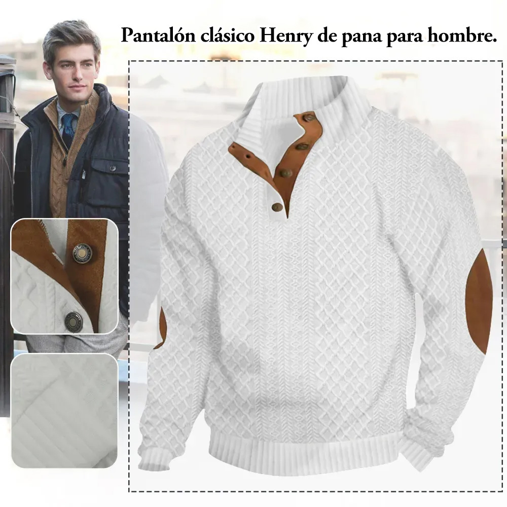 Hojanaranja™ Suéter de manga larga con cuello Henry y diseño de costura con patrón en relieve para hombre