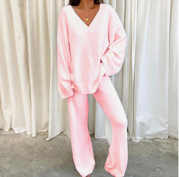 Olivoslindo Traje casual de cuello en V de lana de color liso para mujer (parte superior + pantalones)