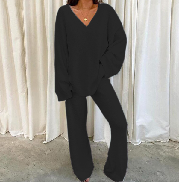 Olivoslindo Traje casual de cuello en V de lana de color liso para mujer (parte superior + pantalones)