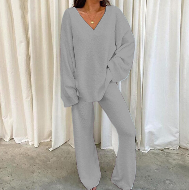 Olivoslindo Traje casual de cuello en V de lana de color liso para mujer (parte superior + pantalones)