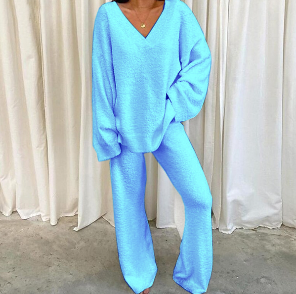 Olivoslindo Traje casual de cuello en V de lana de color liso para mujer (parte superior + pantalones)