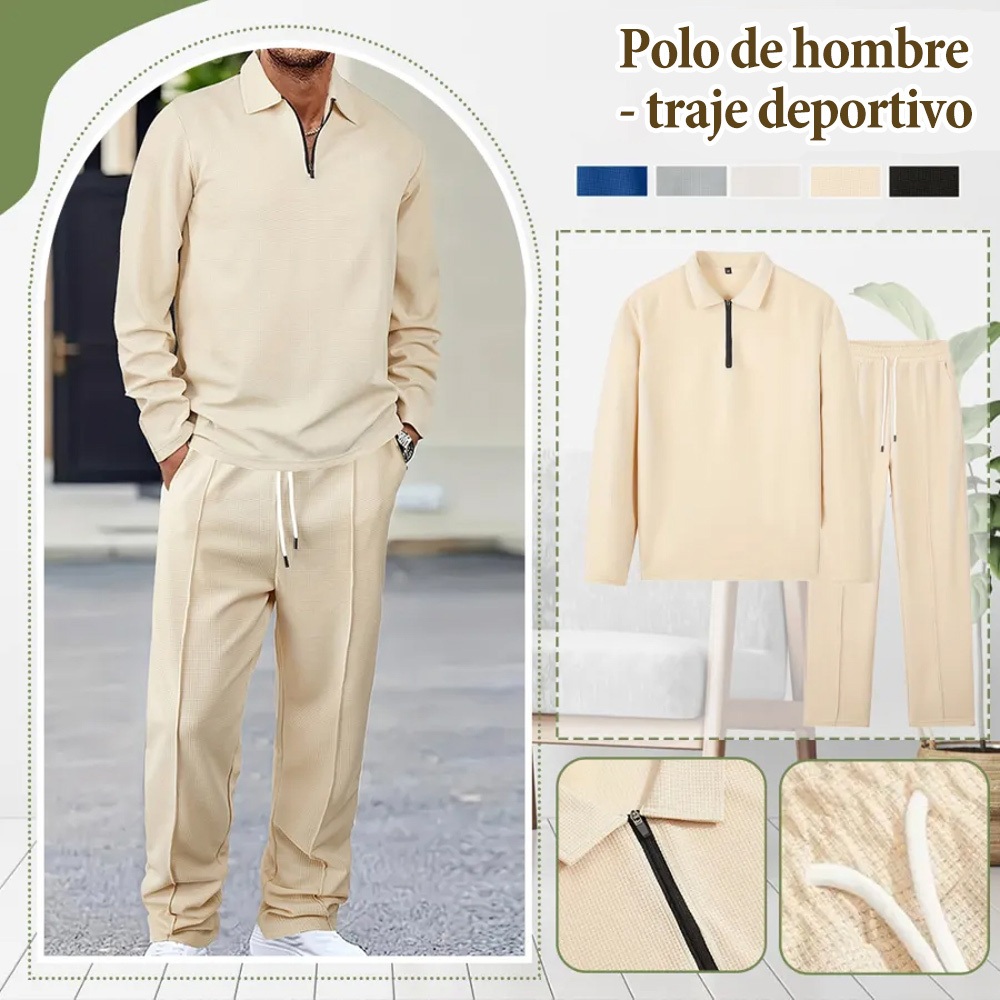 Hojanaranja™ Traje polo deportivo informal de dos piezas (top + pantalón) con solapa, elegante y cómodo para hombre