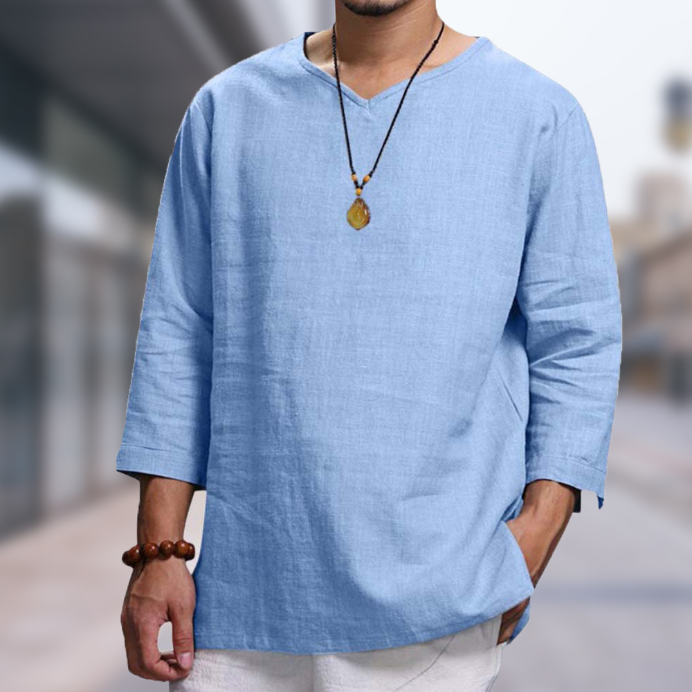 Mangas largas sueltas de algodón y lino con cuello en V