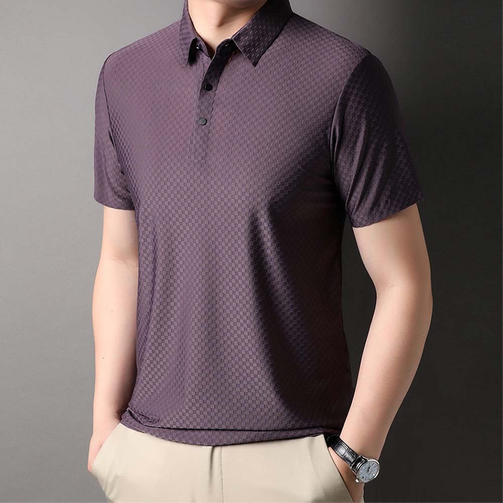 Hojanaranja Polo de manga corta a cuadros elásticos de color liso para hombre