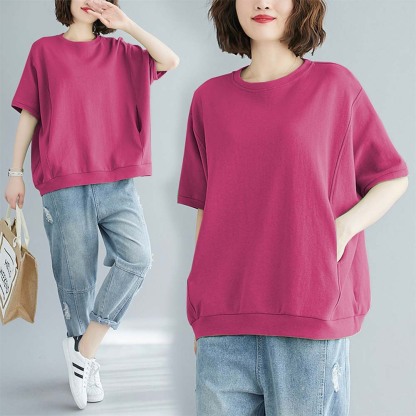 Summer women's loose solid color pocket round neck T-shirt