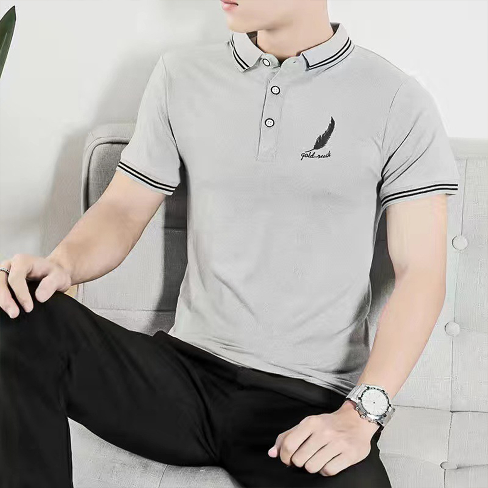 Summer Men's Feather Print Business Short Sleeve Polo Shirt