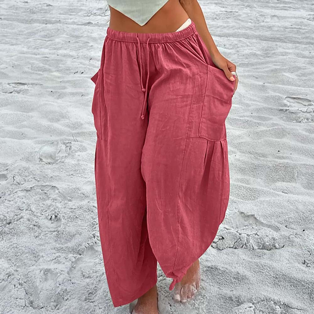 Pantalones casuales de algodón y lino con pierna ancha y cintura alta