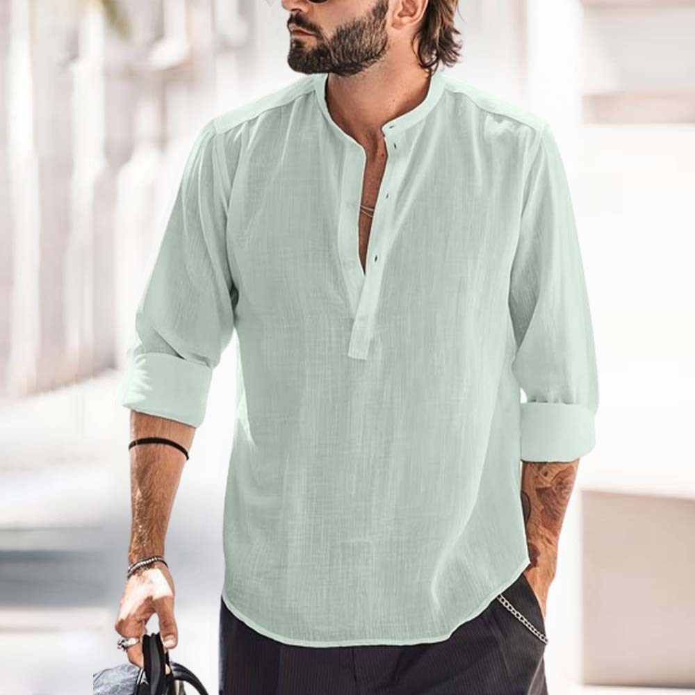 Men's Classic Cotton Half Open Collar Long Sleeve Top Henley