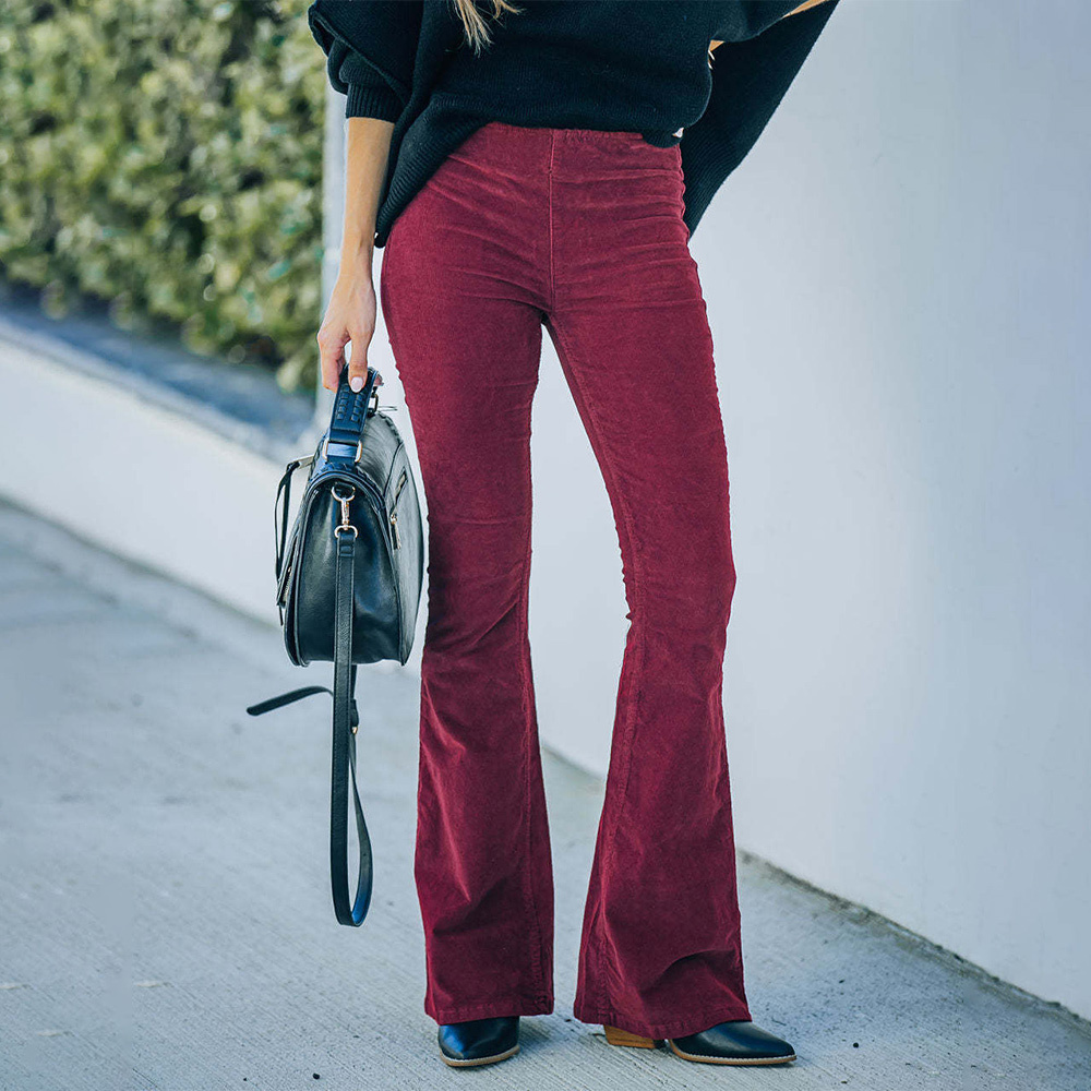 Women Solid Color Corduroy Slim Flare Pants