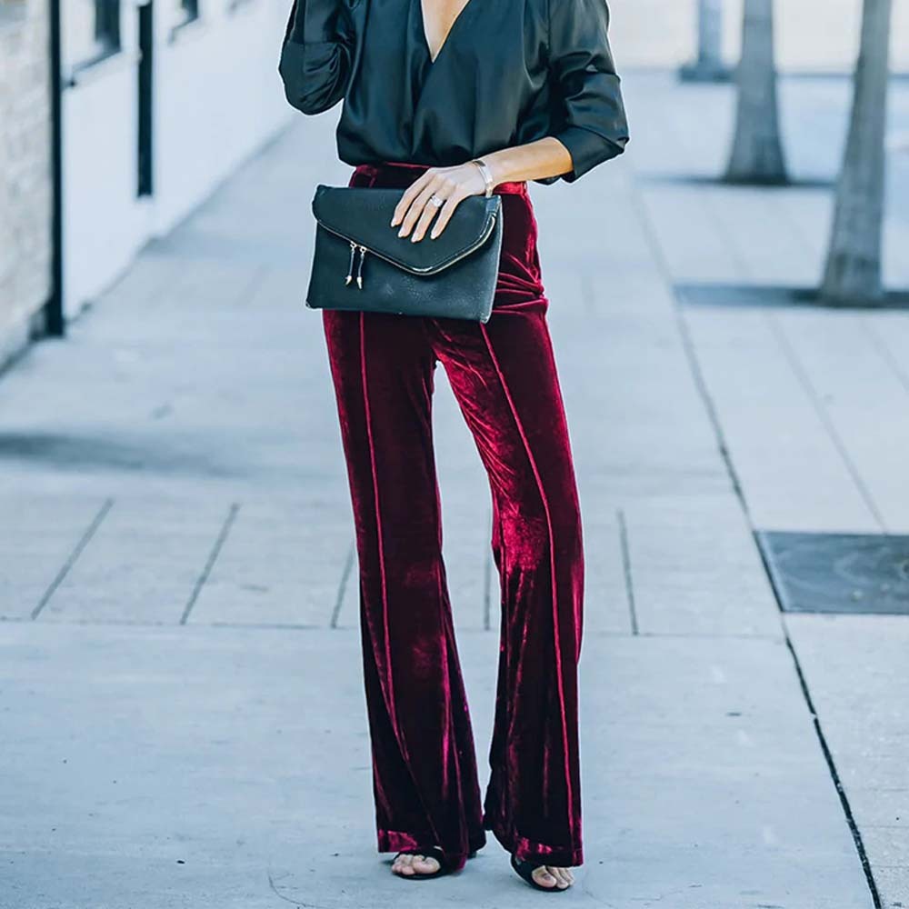 Pantalones acampanados de cintura alta de terciopelo para mujer