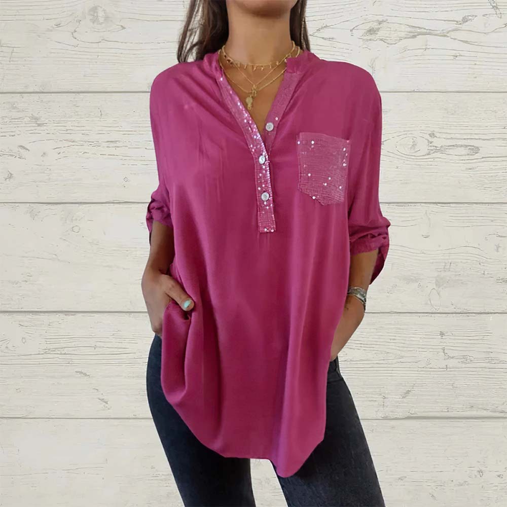 Camisa holgada informal con lentejuelas para mujer, primavera y verano, 2024