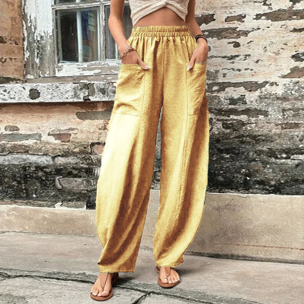 Olivoslindo Pantalones casuales de mujer con bolsillo de color sólido Pantalones elásticos
