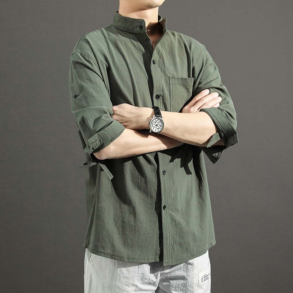 2024 Men's solid color casual cotton and linen shirt