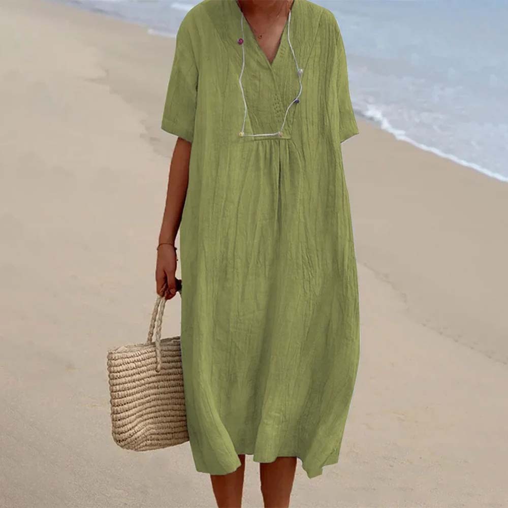 Soft and comfortable V-neck cotton and linen dress
