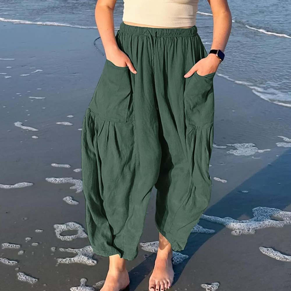 Pantalones casuales de algodón y lino con pierna ancha y cintura alta