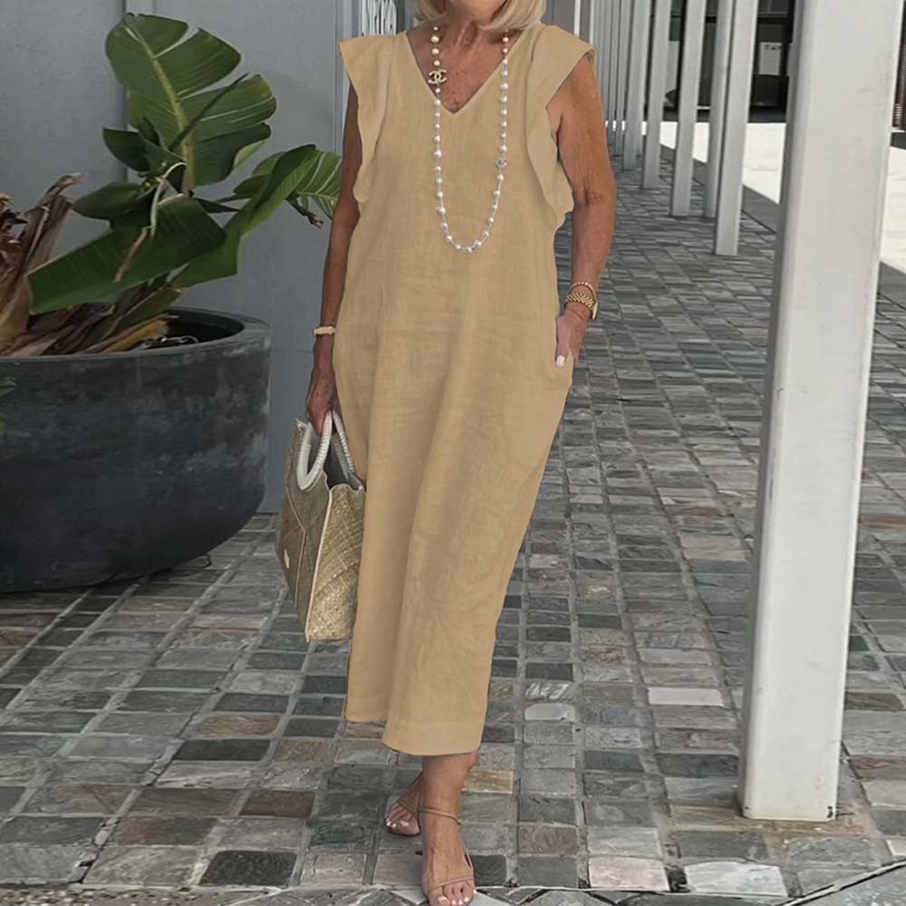 Elegante vestido de algodón y lino con cuello en V y color liso